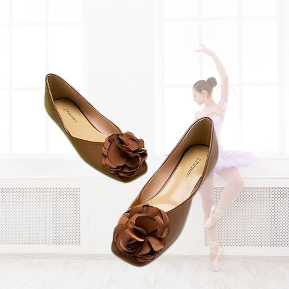 NWT - C. Paravano Eva - Square-toe Ballet Flats w/Flower Detail - Brown